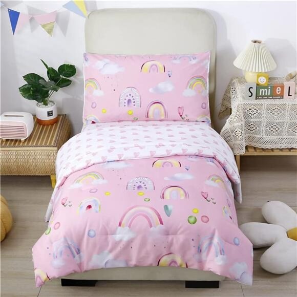 4-Piece Toddler Bedding Set - Ultra Soft Colorful Rainbow Cloud Pink - Picture 1 of 7